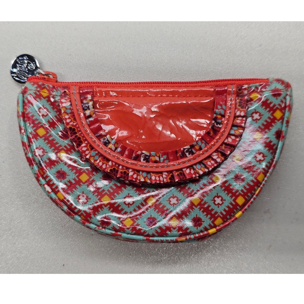 Vera Bradley Red Teal Geometric Ruffle Half Moon Small Cosmetic Pouch Bag